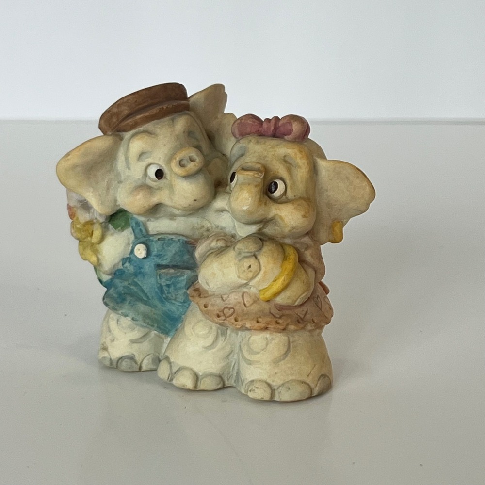 Vintage Elephant Couple Figurine Overalls Dress Flowers Romantic Decor 2.5"